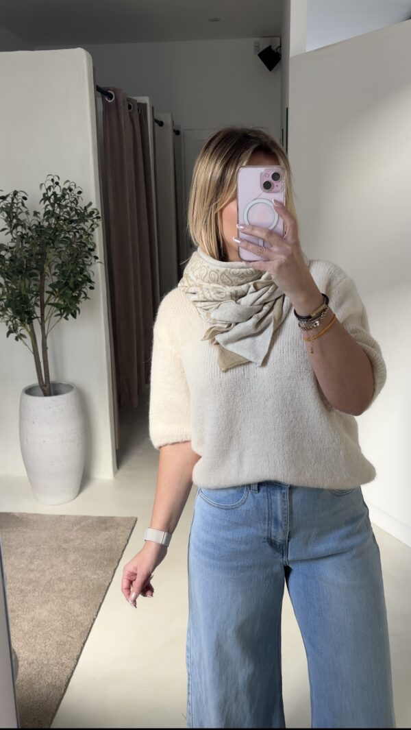 Pull beige manches courtes col V – Image 2