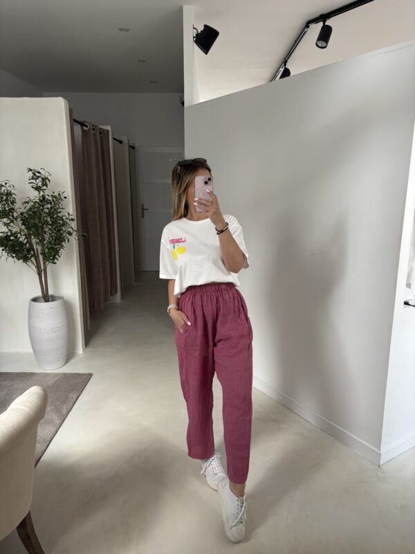 Pantalon fluide en lin vieux rose