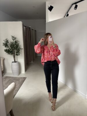Blouse col V manches bouffantes, à motifs orangé