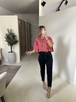 Chemise vieux rose en lin, manches courtes évasées