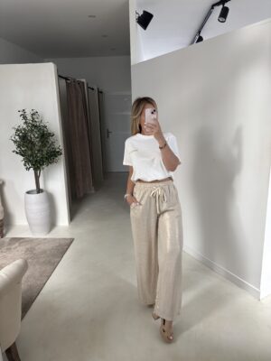 Pantalon fluide beige détails reflets pailletés