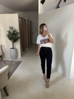 T-shirt oversize blanc col V, « Trust » pailleté