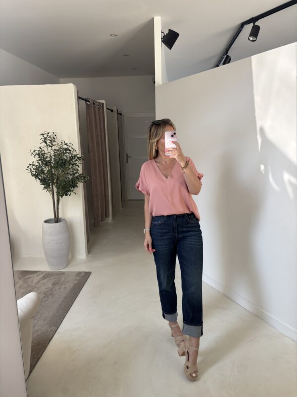 Blouse manches courtes saumon et liseré doré