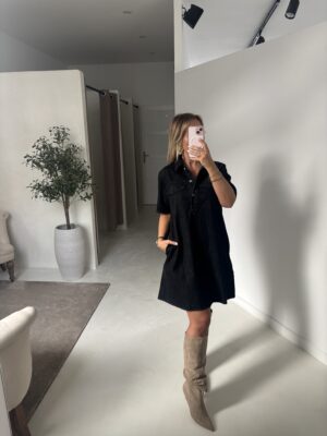 Robe chemise en jean noire manches courtes