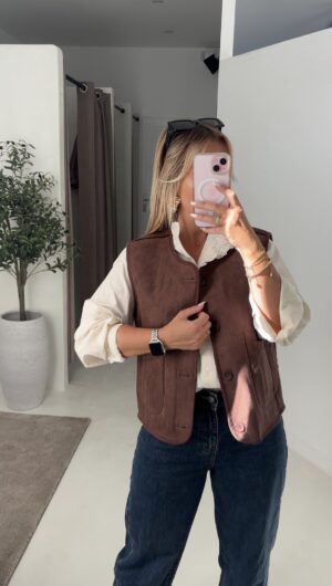 Veste sans manches en daim réversible molletonnée marron
