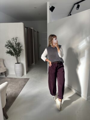 Pantalon ballon bordeaux velours ceinturé