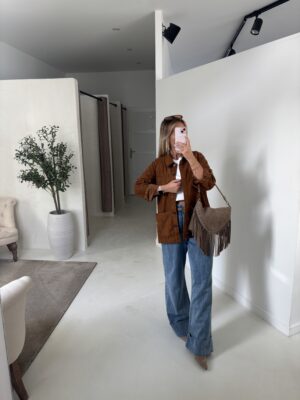Veste mi longue camel, détails poches et boutons