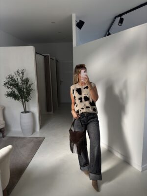 Gilet sans manches beige motifs vache marron