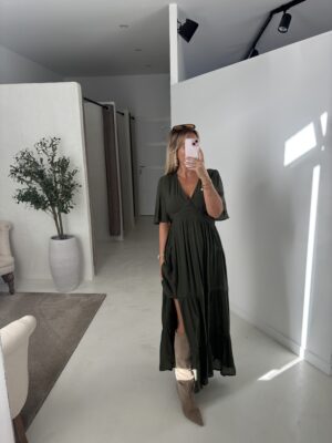 Robe longue col V kaki