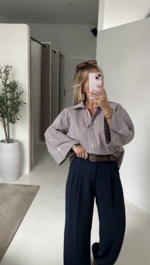 Chemise courte blanches à rayures marron