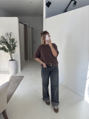 Pull doux manches courtes marron