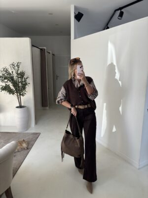 Jean Taille Haute Détails Poches Marron
