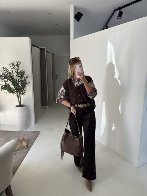 Jean Taille Haute Détails Poches Marron