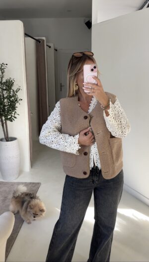Veste sans manches en daim réversible molletonnée camel