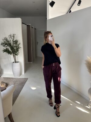 Pantalon ballon en velours prune, taille élastiquée