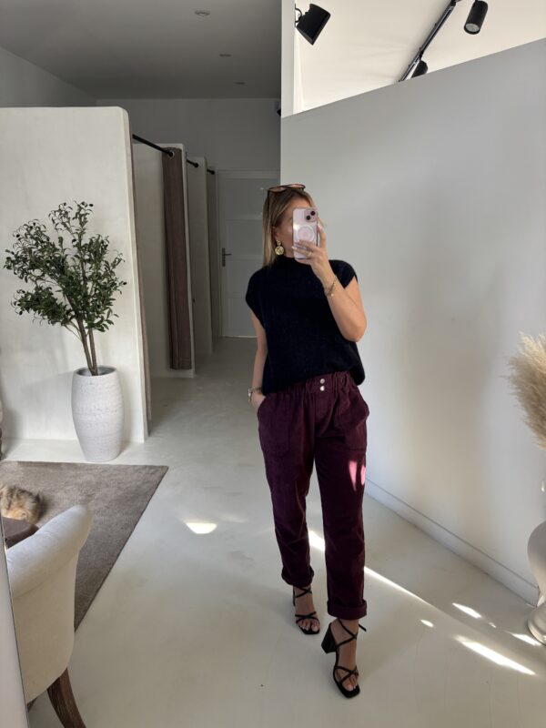 Pantalon ballon en velours prune, taille élastiquée