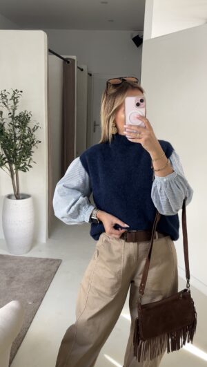 Pull sans manches col montant bleu marine