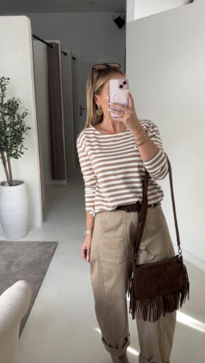 Pull marinière marron et blanc