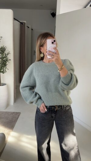 Pull à épaulettes col rond vert sauge clair