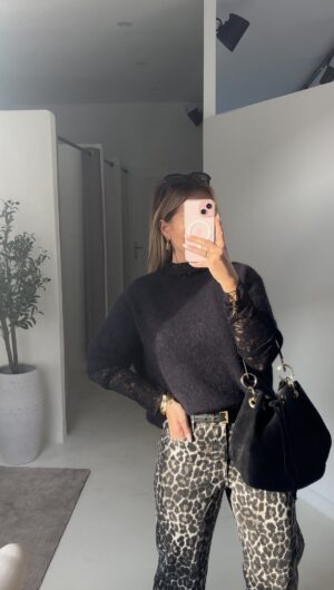 Top manches longues transparents en dentelle noir