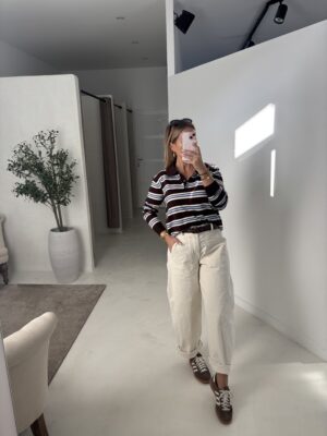 Pull polo marron à rayures bleu et écru