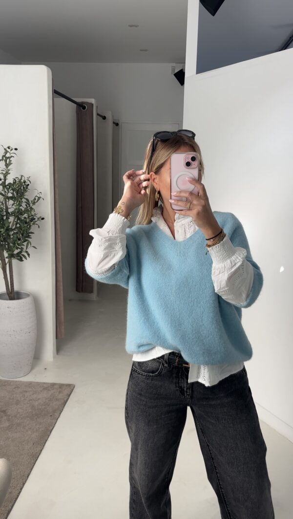 Pull Manches Courtes Col V Bleu – Image 2