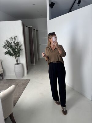 T-shirt longues manches style polo camel