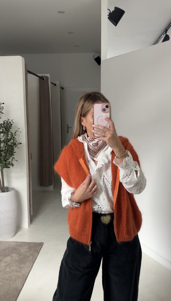 Gilet en maille sans manches à capuche orange – Image 2