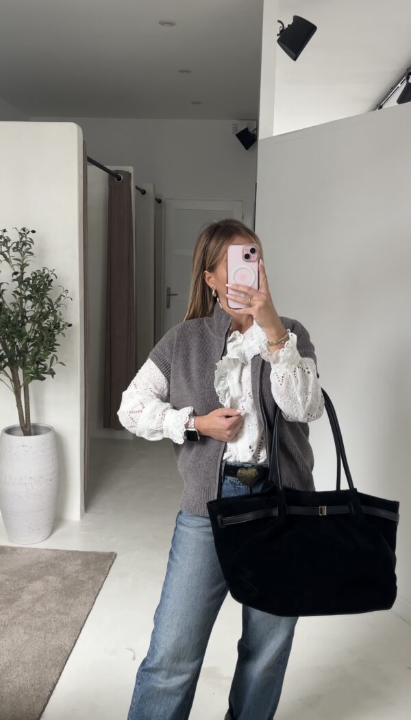 Cardigan zippé gris sans manches avec col montant – Image 2