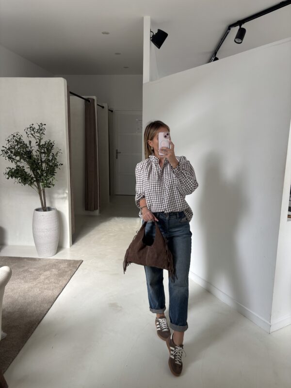 Blouse à carreaux marron et blanc