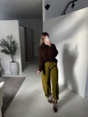 Pantalon ballon vert olive velours ceinturé