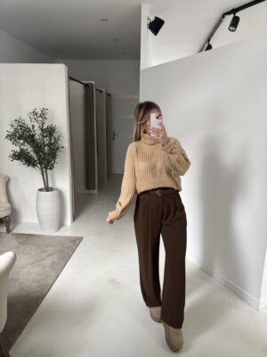 Pull côtelé à col roulé avec torsades et manches longues camel