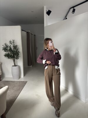 Pull fin rayé rose et marron