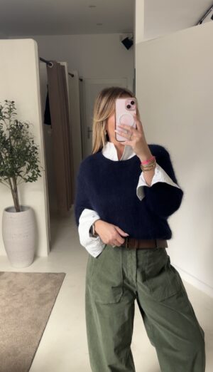 Pull manches 3/4 bleu marine, en angora