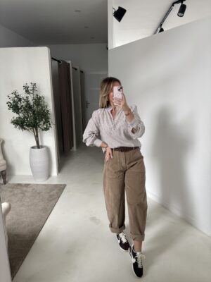 Blouse col V rayée marron et blanc