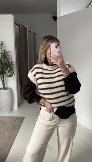 Pull sans manches écru à rayures marron