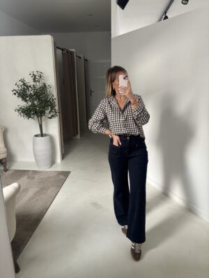 Blouse à carreaux marine, marron et blanc