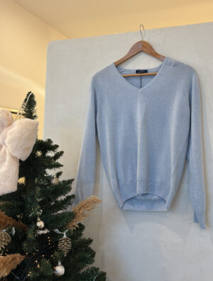 Pull col V bleu ciel, laine et cachemire