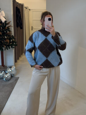 Pull col montant à carreaux, marron et bleu