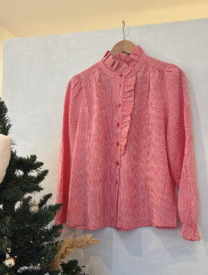 Blouse à carreaux rouge et blanc col montant