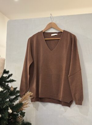 Pull col V toucher cachemire marron clair