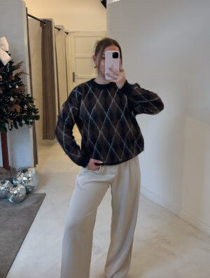 Pull col rond à carreaux, marron et noir