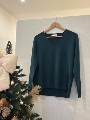 Pull col V toucher cachemire vert sapin