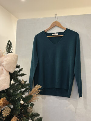 Pull col V toucher cachemire vert sapin