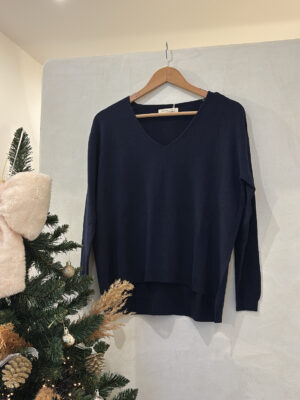 Pull col V toucher cachemire bleu marine