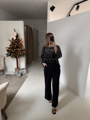 Top manches 3/4 noir, paillettes argentées