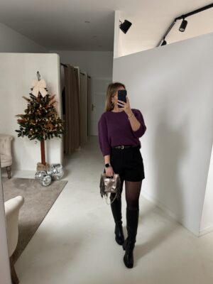 Pull à épaulettes prune manches 3/4