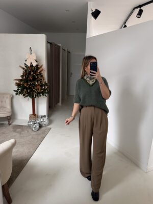 Pull Manches Courtes Col V Kaki