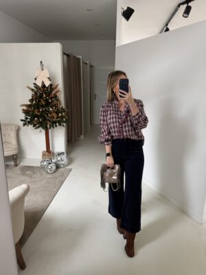 Blouse à carreaux tons violets et bleu