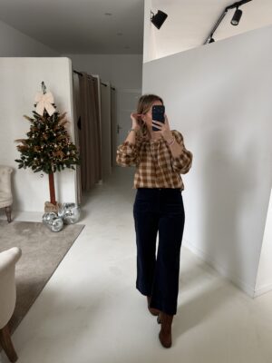 Blouse à carreaux marron et beige